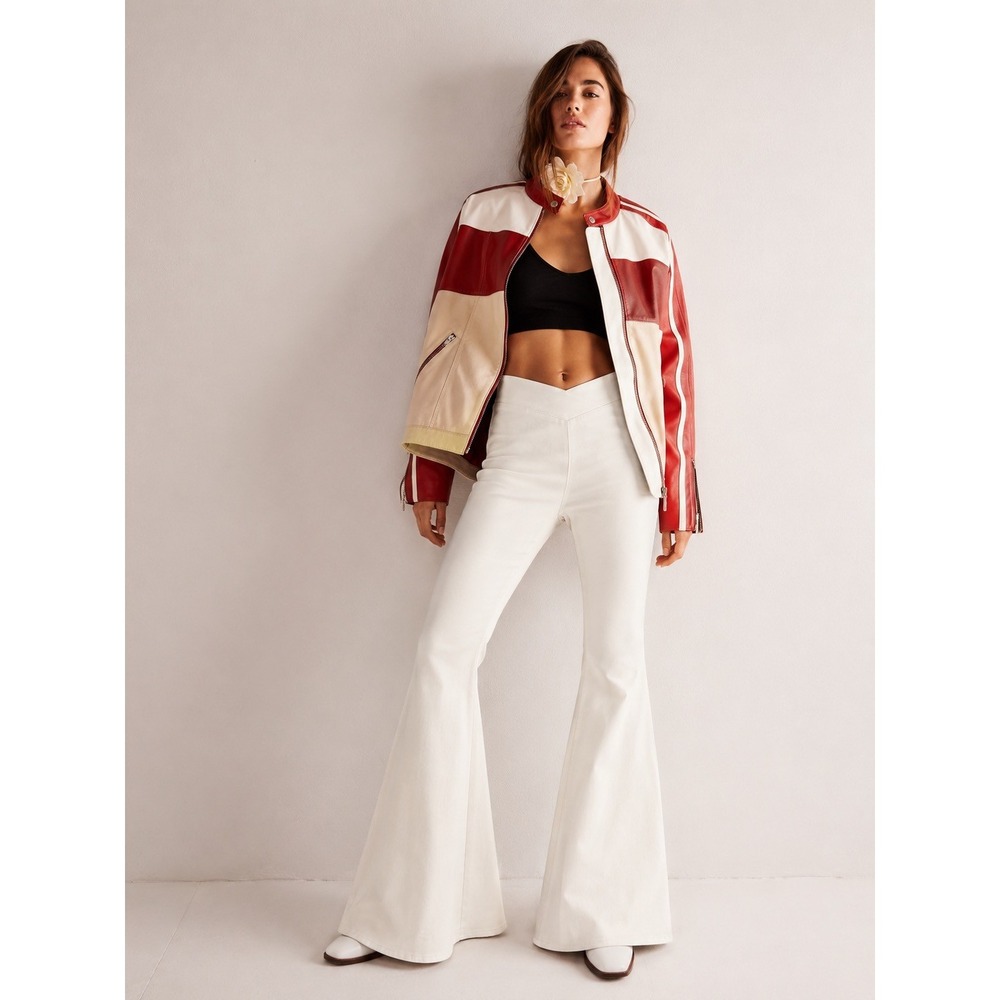 Free People Just Float On Vegan Leather Flare Pants Ivory Bell Bottom Size 26